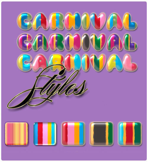 Пять разноцветных, ярких и красочных стиля для фотошопа "Карнавал"
