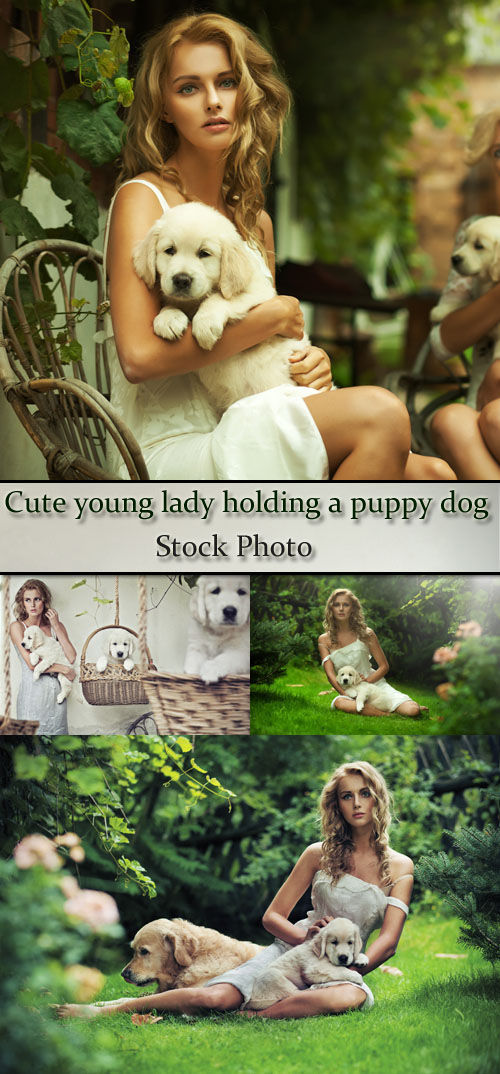 Очаровательная молодая девушка с щенком на руках. Cute young lady holding a puppy dog