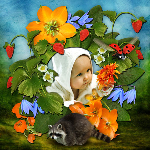 Очаровательная детская цветочная рамка для оформления фотографий "В гостях у крошки-енота"