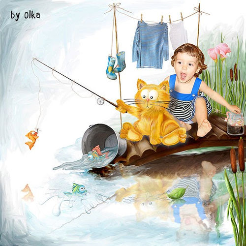 Очаровательный детский скрап-набор "Кот-рыболов"