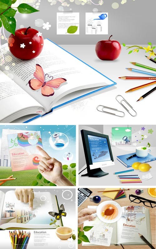 Сборка высококачественных ярких и красочных многослойных шаблонов в PSD с книгами и карандашами