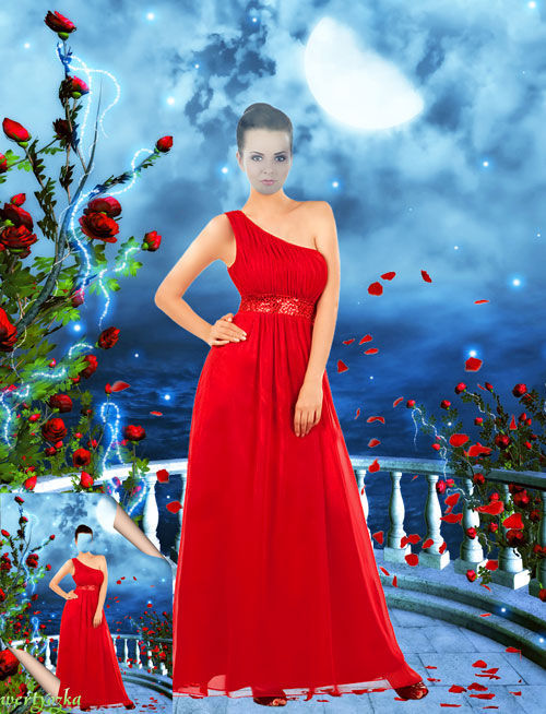 Многослойный женский psd шаблон "Девушка в красном платье в лепестках роз"