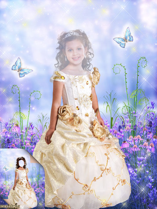 Детский шаблон для Photoshop "Девочка в золотистом платье и бабочки"