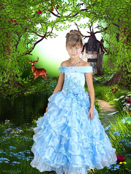 Детский шаблон для девочки "В нарядном голубом платье на фоне чудесной природы"