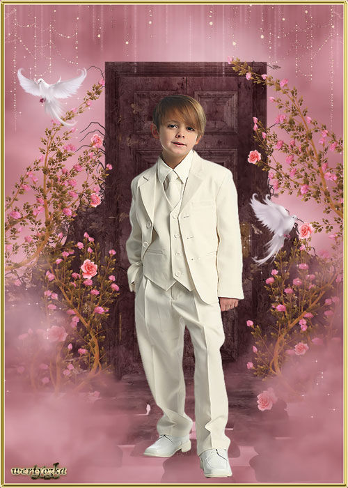 Детский psd шаблон - Мальчик в белом костюме и голуби