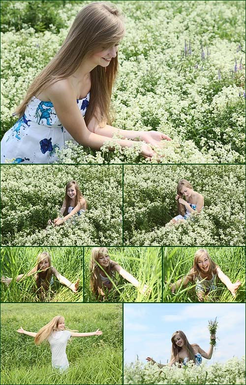 Photostock - Girl, summer, grass, flowers