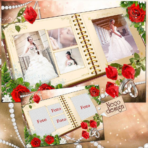 Свадебная рамка - коллаж в виде книги с вырезами для вставки четырех фотографий