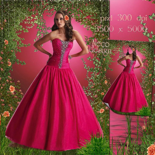 Женский шаблон "В бальном розовом платье в розовом саду"