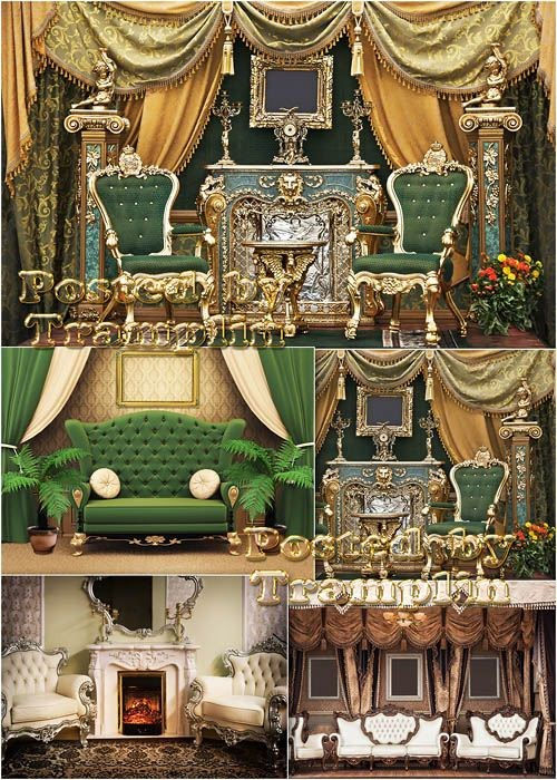 Сборка высококачественного клипарта шикарного интерьера: кресла, диваны, картины, цветы, камин