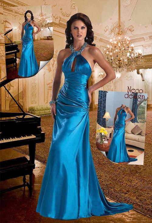 Восхитительный шаблон для оформления женских фотографий "В синем вечернем платье с роялем и в гостиной"