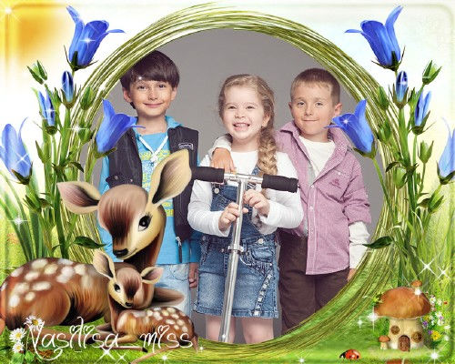 Детская рамочка для фотошопа с ласковыми оленями и голубыми цветами