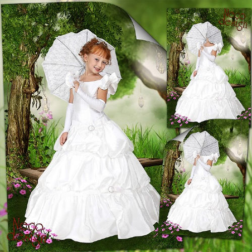 Детский фотошаблон для девочки "Леди в белом с зонтиком на прогулке"