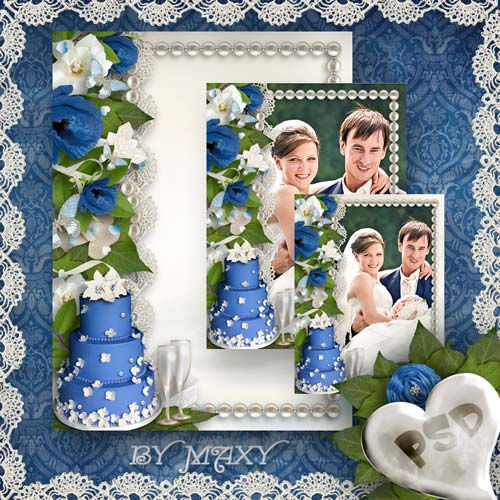 Фоторамка для свадьбы "Бокалы, торт и синие цветы"