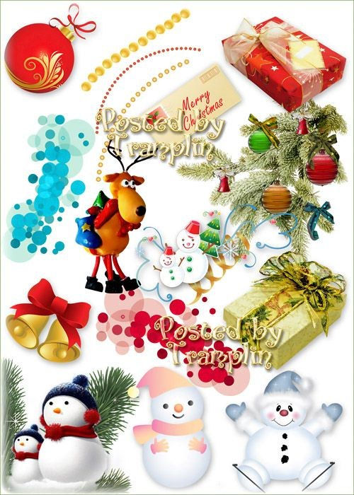 Новогодний клипарт на прозрачном фоне "Снеговики, игрушки, хвоя, мишура, письмо"