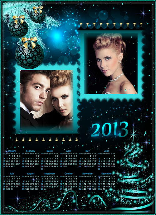 "Бирюзовые елочные шары и сияющая елка" Новогодний календарь-рамка 2013 для Photoshop 