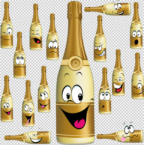 Клипарт -  Шампанское  с выражением эмоций (прозрачный фон)