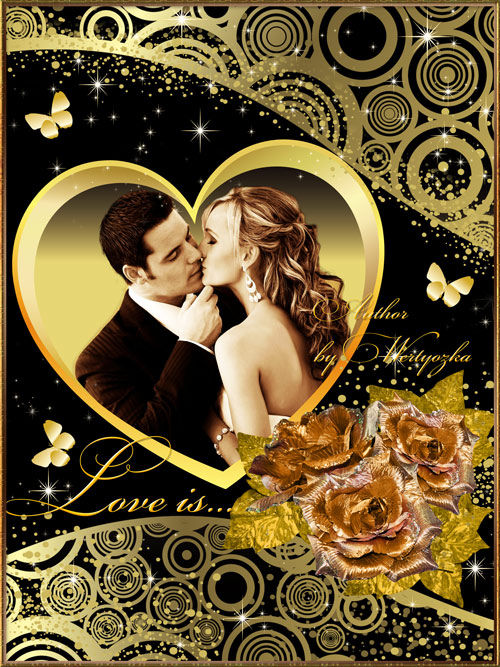 Романтичная рамочка на день Валентина с сияющим золотым сердцем и чудесными розами  