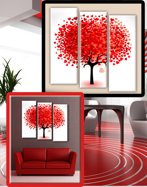 Красивая картина триптих с деревом из красных сердечек "Дерево любви"