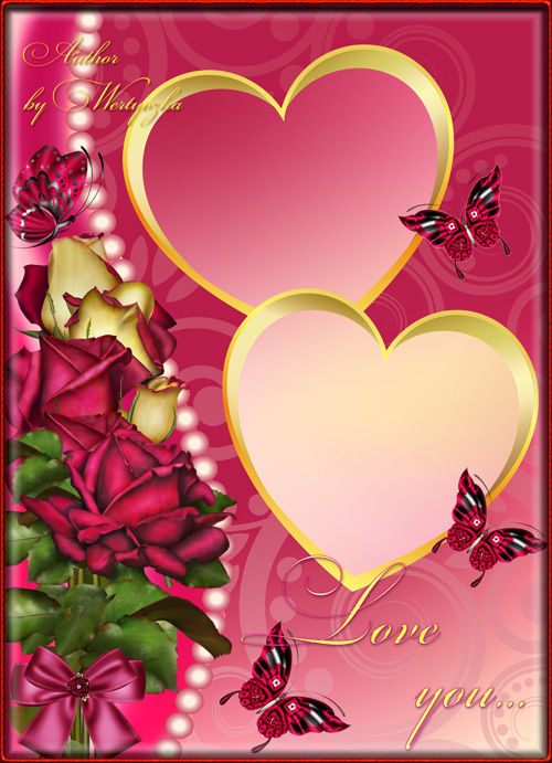 Романтичная рамочка с розами, яркими бабочками и золотыми сердечками  