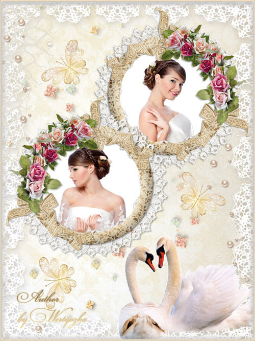 Свадебная рамочка на два фото с цветами и кружевами - Белые лебеди 