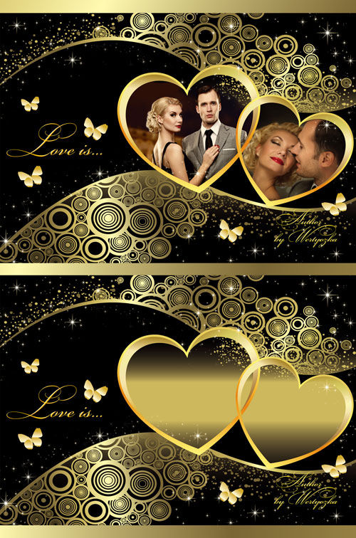 Романтичные PSD исходники и рамка для фото с золотыми сердечками 