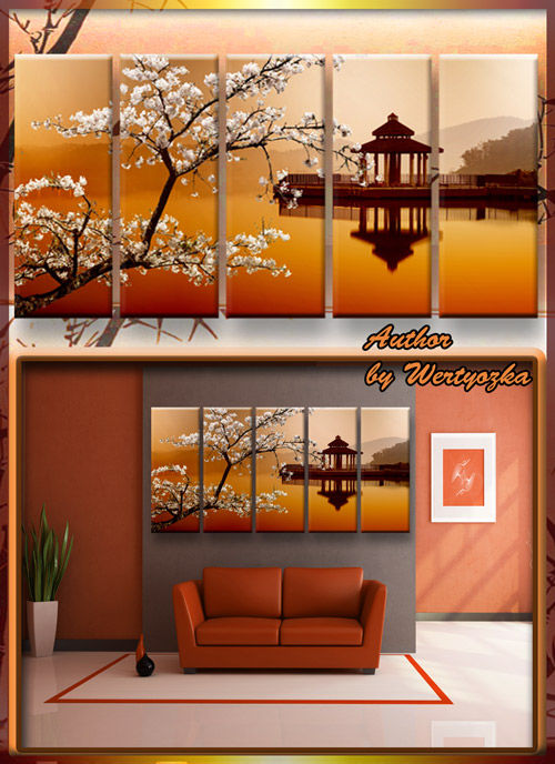 Полиптих, модульная картина с пейзажем "Сакура, цветущая вишня, китайский домик на воде"