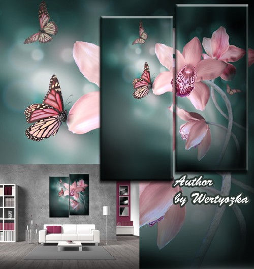 PSD Исходник диптих "Нежные орхидеи и бабочки"  