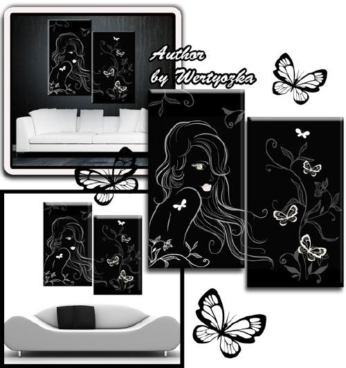 Девушка с бабочками в черно-белых тонах - Модульная картина диптих в формате psd