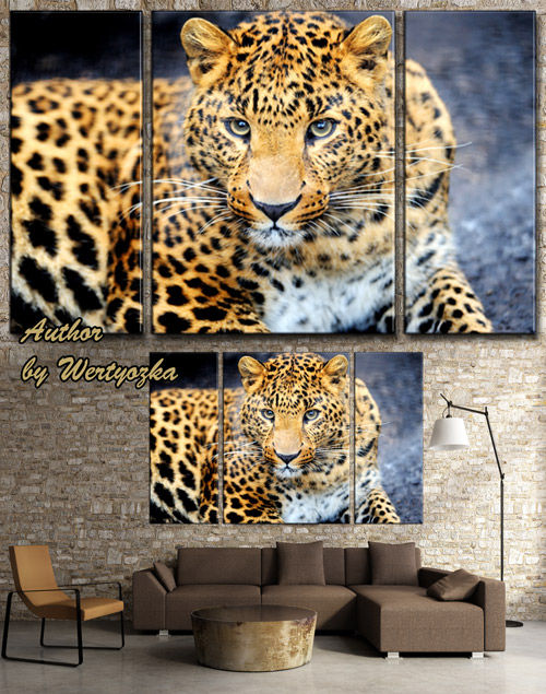 Красивая и хищная кошка леопард в psd исходнике Триптих  