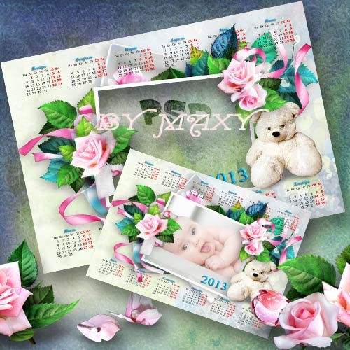 Шаблон календаря - Розы и белый мишка