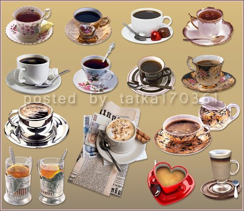  Клипарт для фотошопа на прозрачном фоне - Горячий кофе и чай в красивых чашках