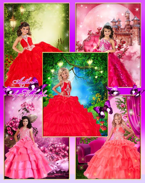 Платья для маленьких принцесс, фотошаблоны для девочек, детские шаблоны для фотошопа  