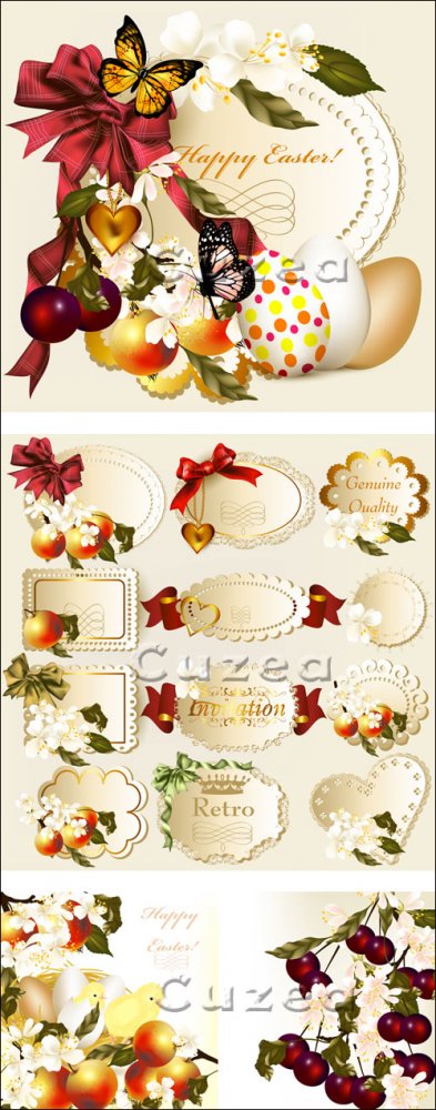 Easter greeting card and labels with eggs, apples, spring flowers and chick