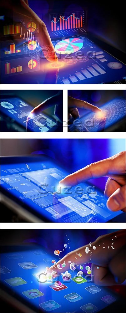 Палец на сенсорной панели крупным планом/ Closeup of finger touching tablet-pc screen - Stock photo