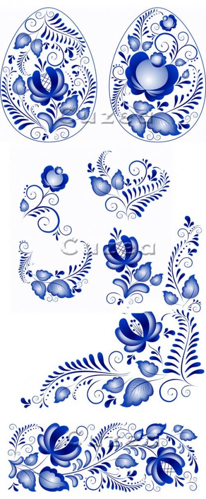 Голубые цветочные орнаменты для росписи пасхальных яиц| Blue flower ornaments for a list of Easter eggs in vector