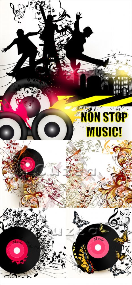 Музыкальные фоны и баннеры для дискотеки/  Grunge music vector banner for disco with ink spots, happy people silh