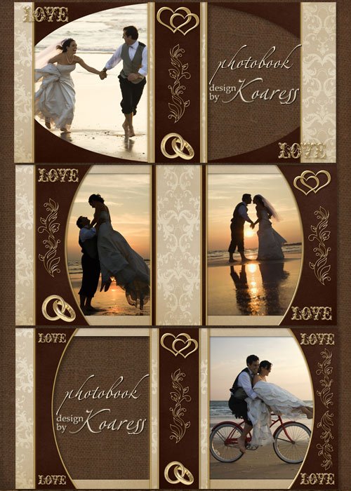 Свадебная винтажная фотокнига с золотым декором в бежевых и коричневых тонах для фотошопа - Любовь, Любовь, Любовь