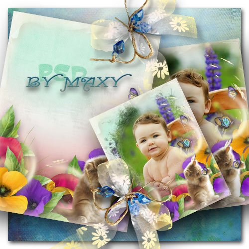Детская рамка фотошоп - Кот и красочные цветы