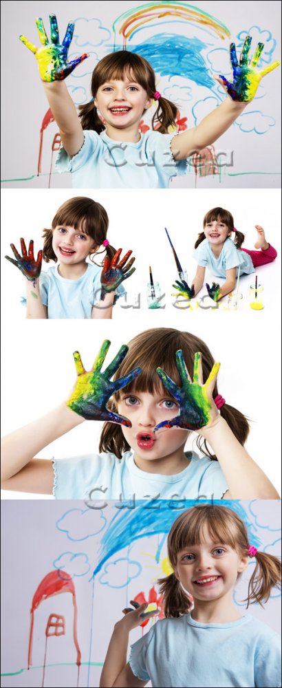 Девочка с раскрашенными красками руками/ Girl with color hands - Stock photo