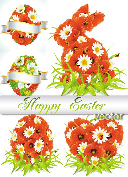 Пасхальный кролик из красных маков и ромашек, цветочные пасхальные яйца - векторный клипарт 