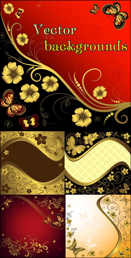 Фоны с цветами и бабочками, золотой декор - векторный клипарт 