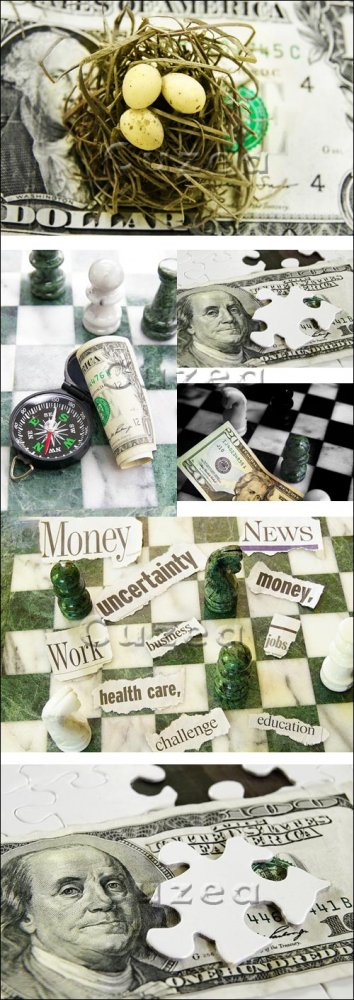 Компас, долларовая банкнота и шахматы/ Compass, dollar bill and chess pieces closeup - Stock photo