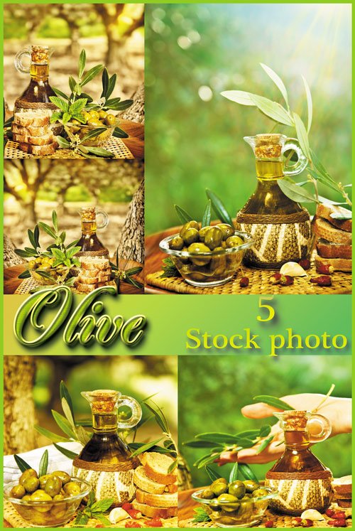 Оливки, оливковое масло на чудесном природном фоне - растровый клипарт 