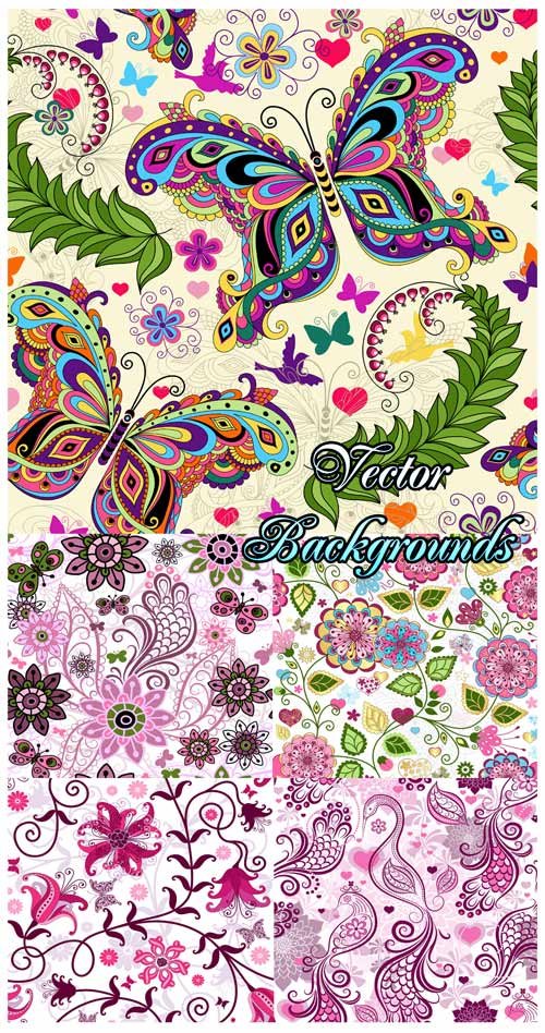 Фоны с чудесными бабочками, фоны с цветами и цветочными орнаментами - векторный клипарт 