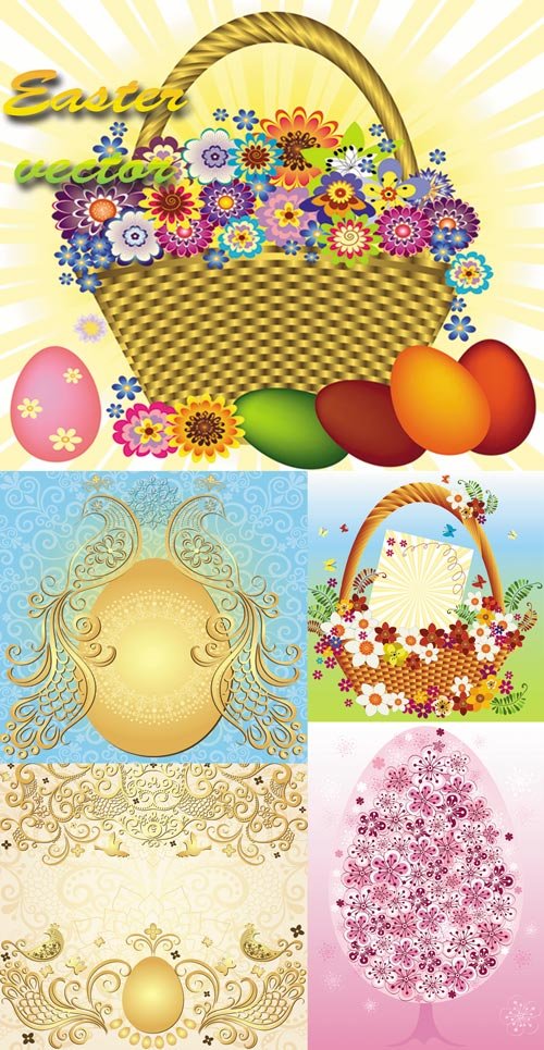Пасха, пасхальные яйца, корзина с цветами, золотая птица, орнаменты - векторный клипарт 