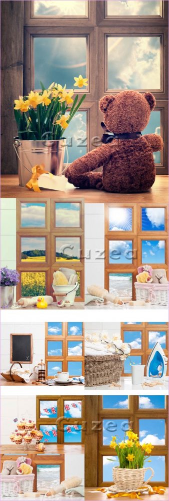 Окна и весенние цветы/ Windows and spring flowers - Stock photo
