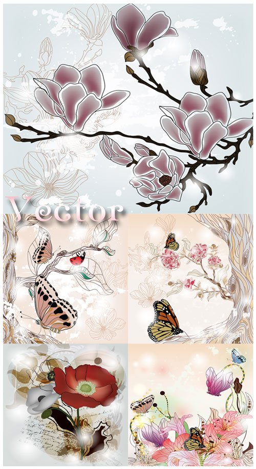 Цветы и бабочки - векторный клипарт 