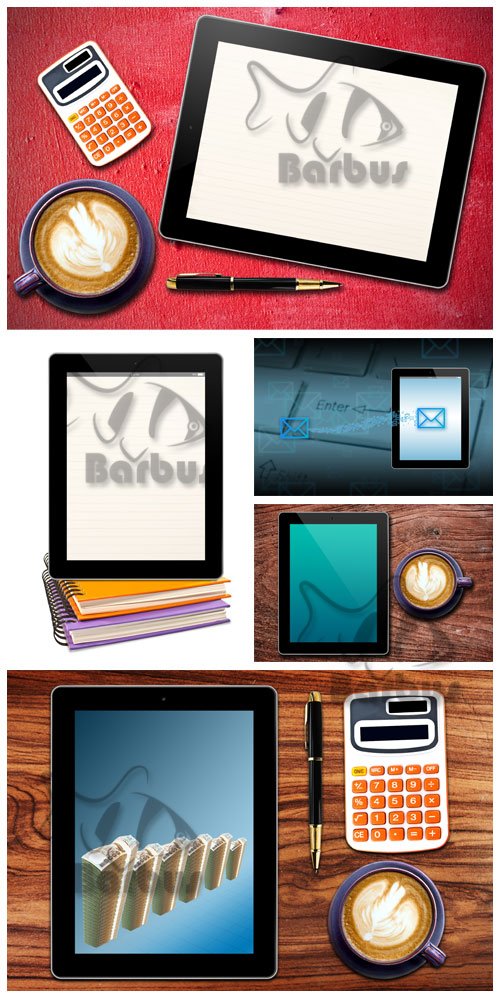Touch screen device / Сенсорный планшет, чашка кофе и калькулятор