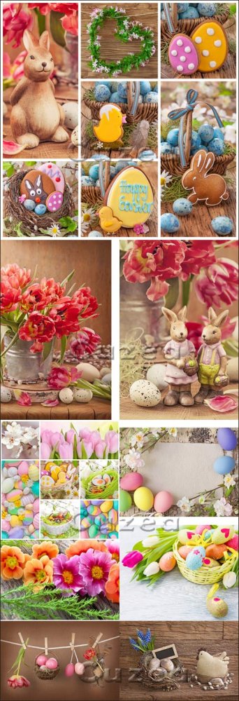 Пасхальные яйца, фигурки кроликов и тюльпаны/ Easter eggs, rabbits and flowers - Stock photo