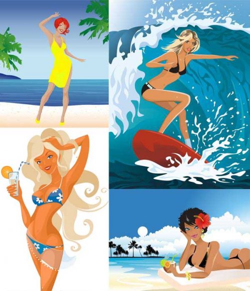 Векторный сток: девушки на пляже в бикини